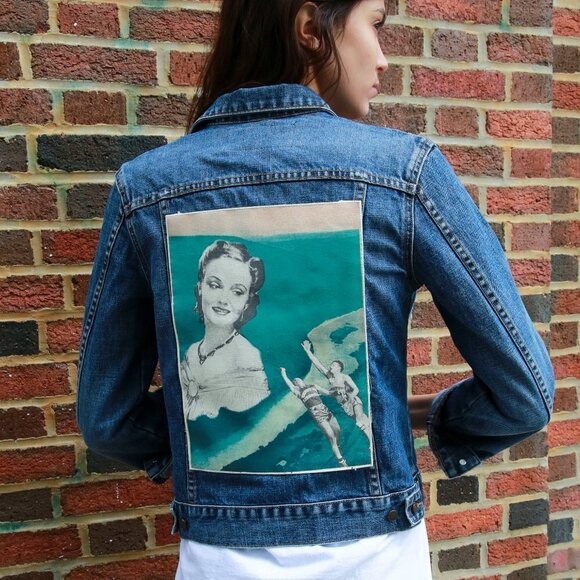 Blue Denim Jacket Graphic Collage Original Artist Design Handmade size Small - Picture 1 of 14